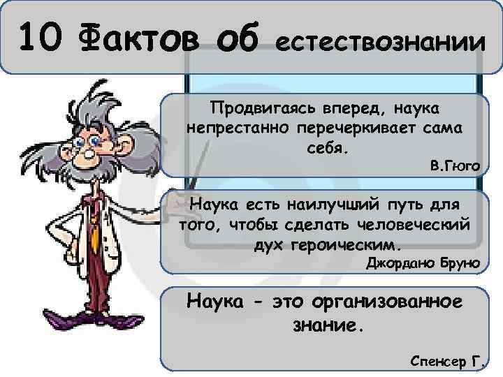 10 Фактов об естествознании Продвигаясь вперед, наука непрестанно перечеркивает сама себя. В. Гюго Наука