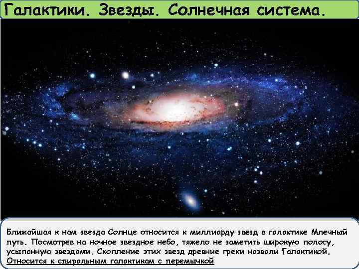 Галактики. Звезды. Солнечная система. Ближайшая к нам звезда Солнце относится к миллиарду звезд в