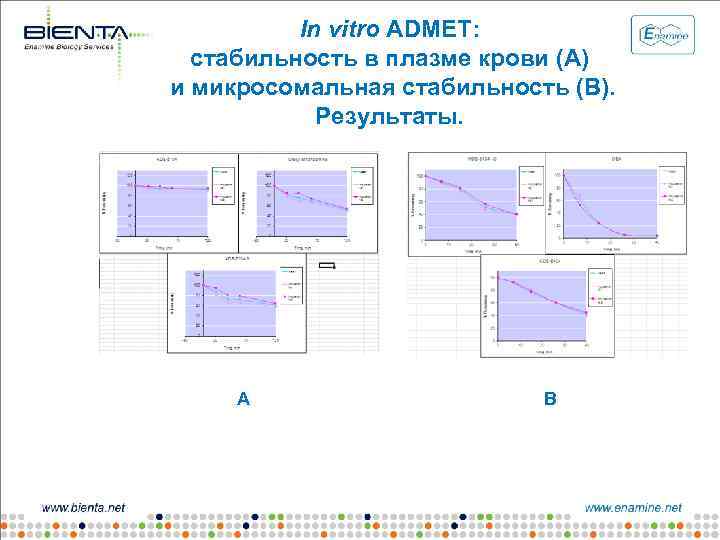 In vitro ADMET: стабильность в плазме крови (А) и микросомальная стабильность (В). Результаты. А