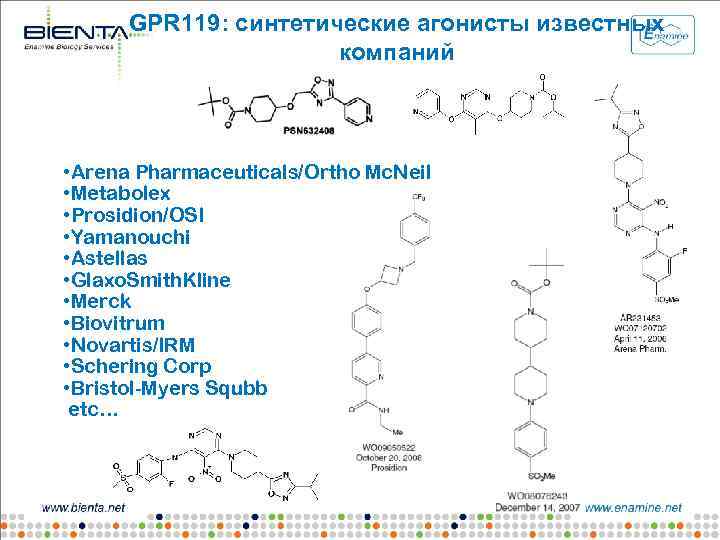 GPR 119: синтетические агонисты известных компаний • Arena Pharmaceuticals/Ortho Mc. Neil • Metabolex •