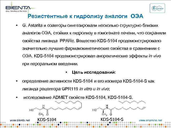 Резистентные к гидролизу аналоги ОЭА • G. Astarita и соавторы синтезировали несколько структурно близких