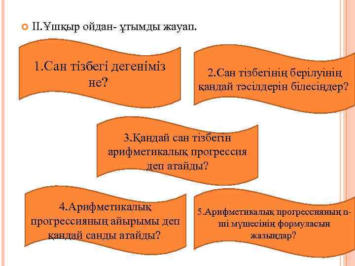  ІІ. Ұшқыр ойдан- ұтымды жауап. 1. Сан тізбегі дегеніміз не? 2. Сан тізбегінің