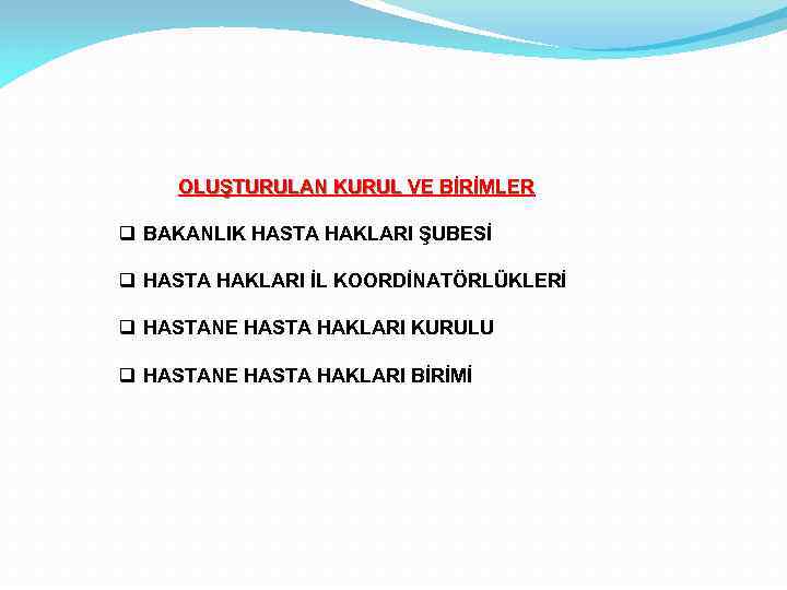 OLUŞTURULAN KURUL VE BİRİMLER BAKANLIK HASTA HAKLARI ŞUBESİ HASTA HAKLARI İL KOORDİNATÖRLÜKLERİ HASTANE HASTA