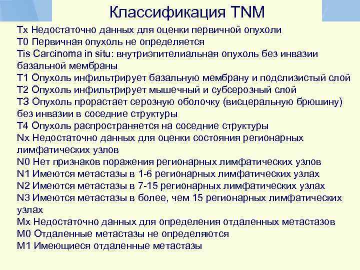 Классификация TNM Тx Недостаточно данных для оценки первичной опухоли Т 0 Первичная опухоль не