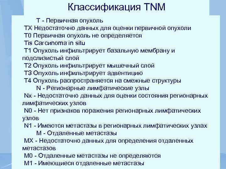 Классификация TNM Т - Первичная опухоль ТХ Недостаточно данных для оценки первичной опухоли Т
