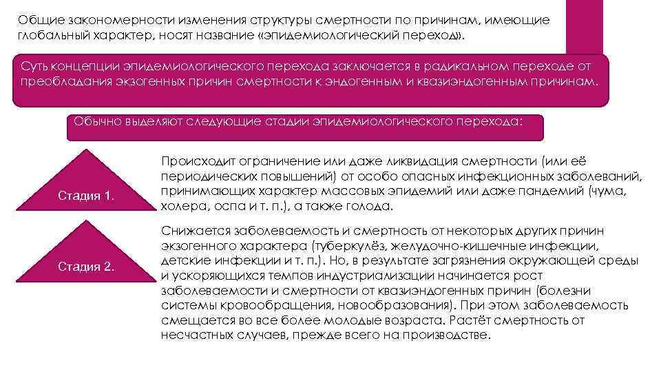 Общие закономерности изменения структуры смертности по причинам, имеющие глобальный характер, носят название «эпидемиологический переход»