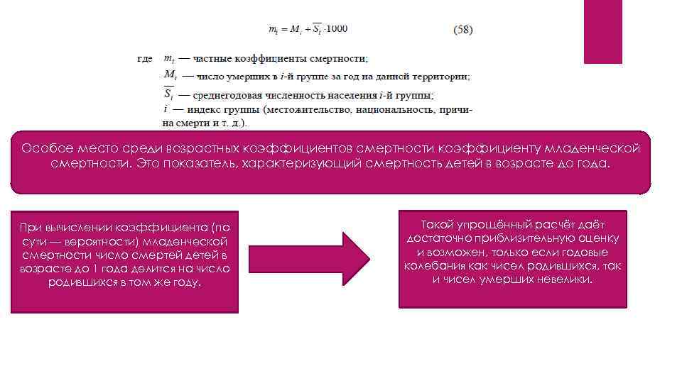 Особое место среди возрастных коэффициентов смертности коэффициенту младенческой смертности. Это показатель, характеризующий смертность детей