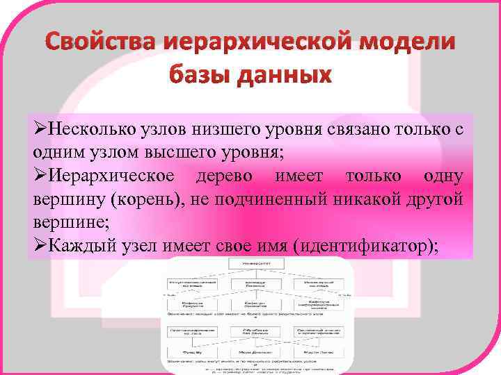 Свойства иерархической модели базы данных ØНесколько узлов низшего уровня связано только с одним узлом