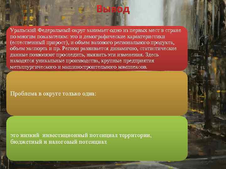 Вывод Уральский Федеральный округ занимает одно из первых мест в стране по многим показателям:
