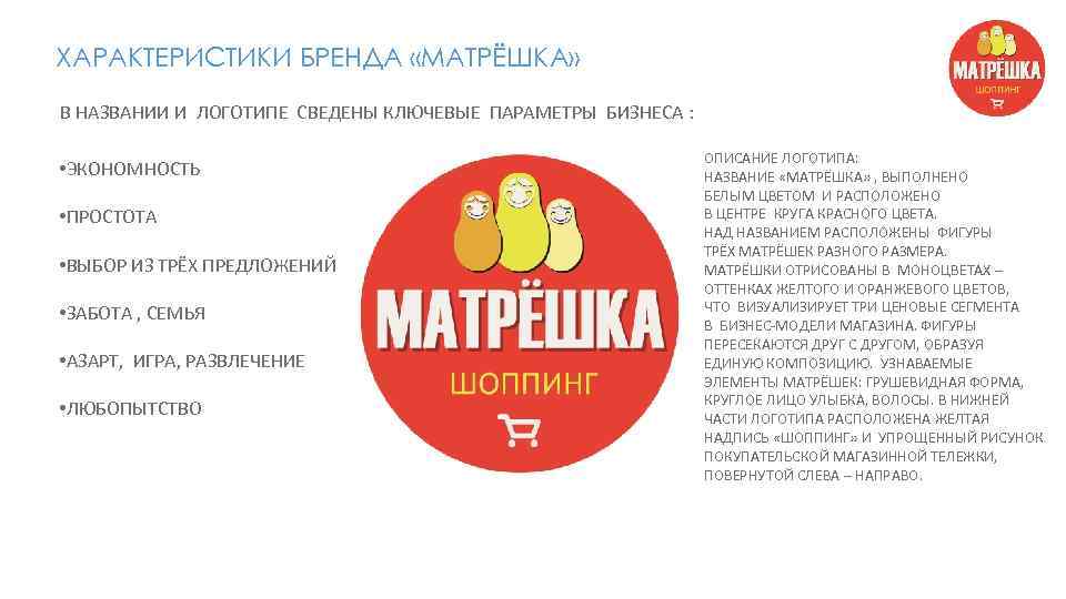 ХАРАКТЕРИСТИКИ БРЕНДА «МАТРЁШКА» В НАЗВАНИИ И ЛОГОТИПЕ СВЕДЕНЫ КЛЮЧЕВЫЕ ПАРАМЕТРЫ БИЗНЕСА : • ЭКОНОМНОСТЬ