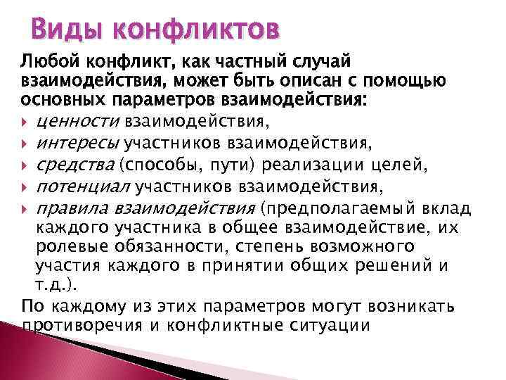 Виды конфликтов Любой конфликт, как частный случай взаимодействия, может быть описан с помощью основных