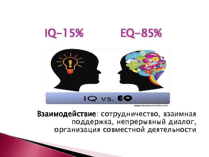 IQ-15% EQ-85% Взаимодействие: сотрудничество, взаимная поддержка, непрерывный диалог, организация совместной деятельности 
