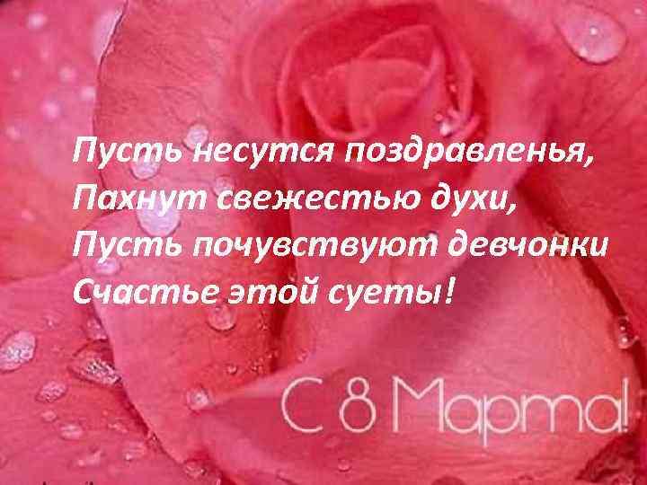 Пусть несутся поздравленья, Пахнут свежестью духи, Пусть почувствуют девчонки Счастье этой суеты! 