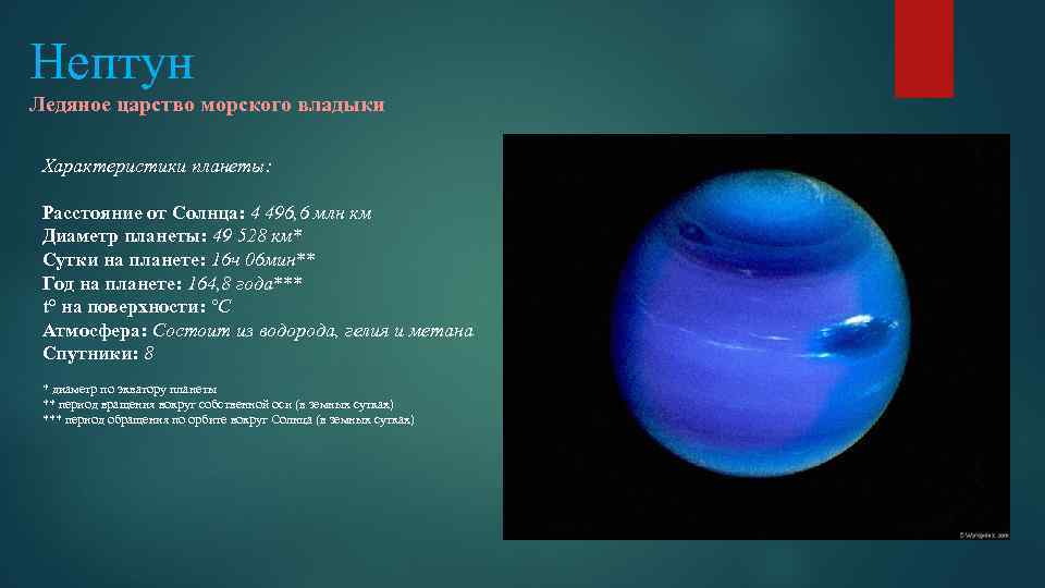 Нептун Ледяное царство морского владыки Характеристики планеты: Расстояние от Солнца: 4 496, 6 млн