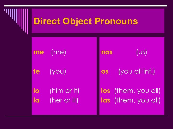 Direct Object Pronouns me (me) nos te (you) os lo la (him or it)