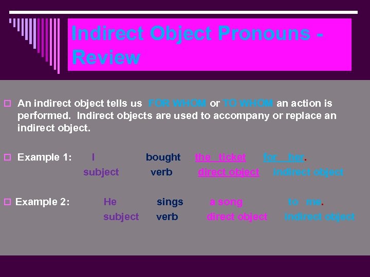 Indirect Object Pronouns Review o An indirect object tells us FOR WHOM or TO