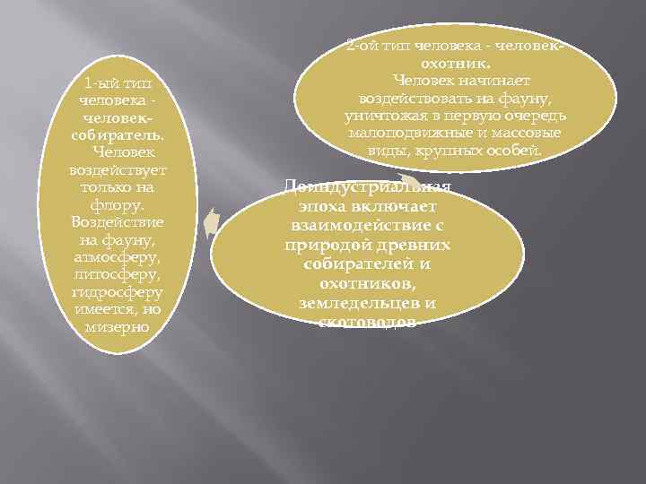 1 -ый тип человека человексобиратель. Человек воздействует только на флору. Воздействие на фауну, атмосферу,