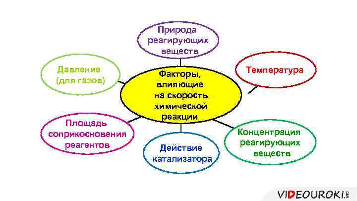 Природа реагирующих веществ Давление (для газов) Площадь соприкосновения реагентов Факторы, влияющие на скорость химической