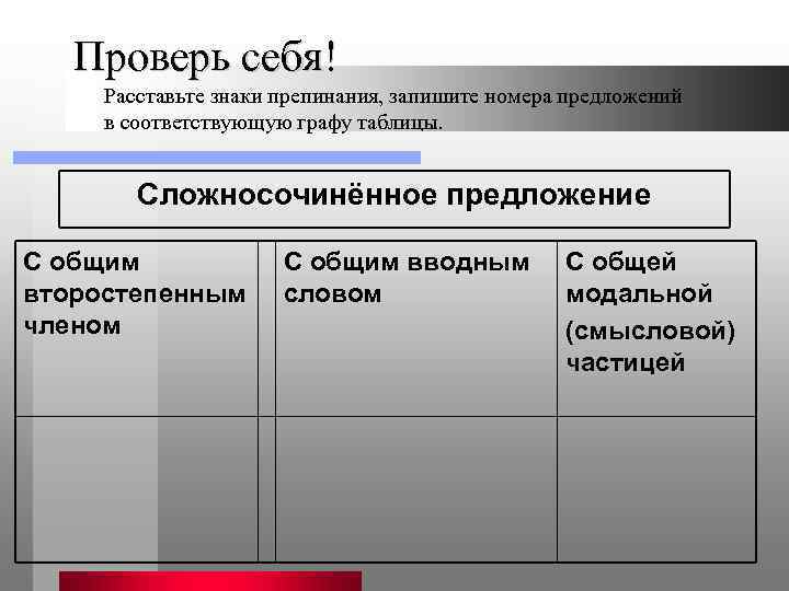 Проверь себя! Расставьте знаки препинания, запишите номера предложений в соответствующую графу таблицы. Сложносочинённое предложение