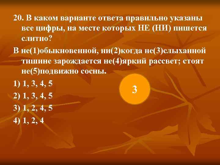 20. В каком варианте ответа правильно указаны все цифры, на месте которых НЕ (НИ)