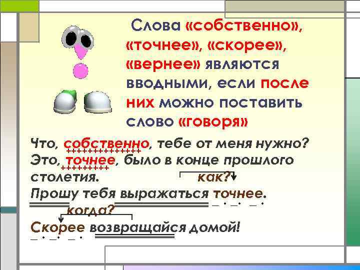 Слова «собственно» , «точнее» , «скорее» , «вернее» являются вводными, если после них можно