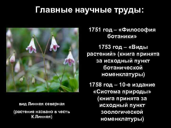 Главные научные труды: 1751 год – «Философия ботаники» 1753 год – «Виды растений» (книга