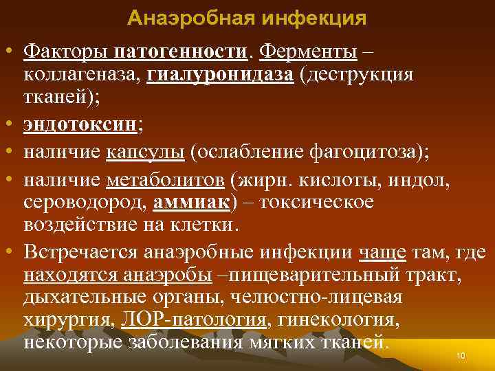 Анаэробная инфекция • Факторы патогенности. Ферменты – коллагеназа, гиалуронидаза (деструкция тканей); • эндотоксин; •