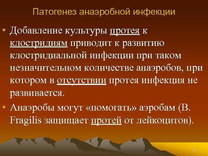 Патогенез анаэробной инфекции • Добавление культуры протея к клостридиям приводит к развитию клостридиальной инфекции