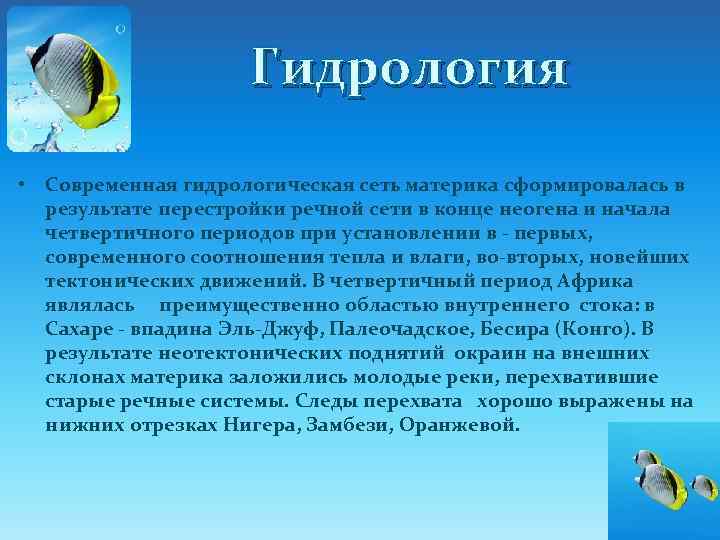 Гидрология • Современная гидрологическая сеть материка сформировалась в результате перестройки речной сети в конце