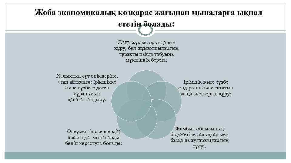 Жоба экономикалық көзқарас жағынан мыналарға ықпал ететін болады: Жаңа жұмыс орындарын құру, бұл жұмысшылардың