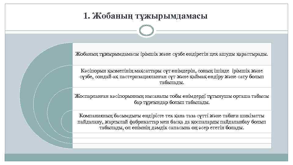 1. Жобаның тұжырымдамасы ірімшік және сүзбе өндіретін цех ашуды қарастырады. Кәсіпорын қызметінің мақсаттары сүт
