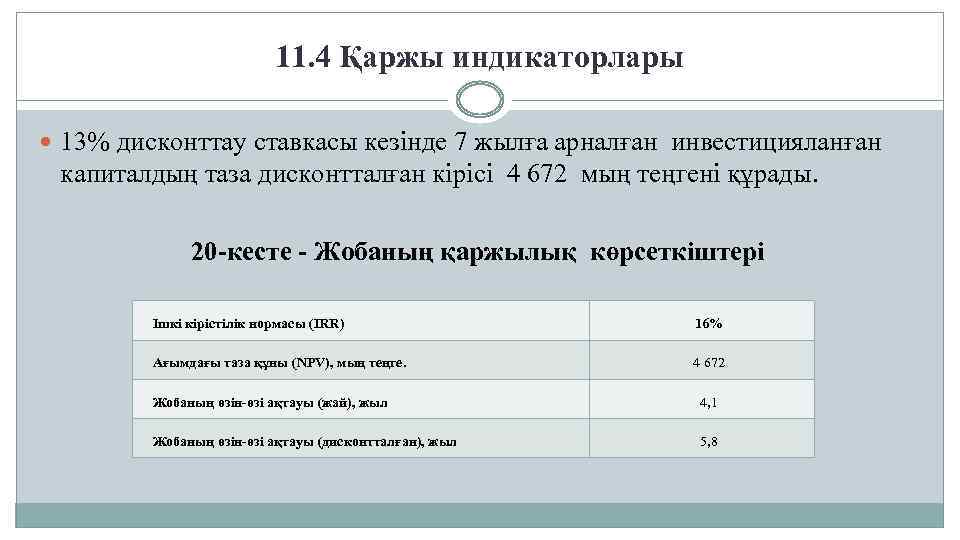 11. 4 Қаржы индикаторлары 13% дисконттау ставкасы кезінде 7 жылға арналған инвестицияланған капиталдың таза