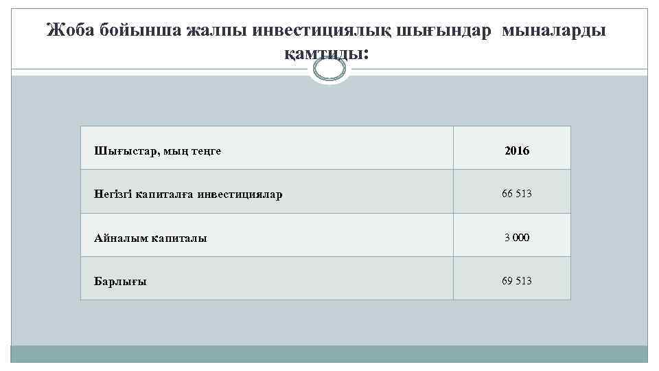 Жоба бойынша жалпы инвестициялық шығындар мыналарды қамтиды: Шығыстар, мың теңге 2016 Негізгі капиталға инвестициялар