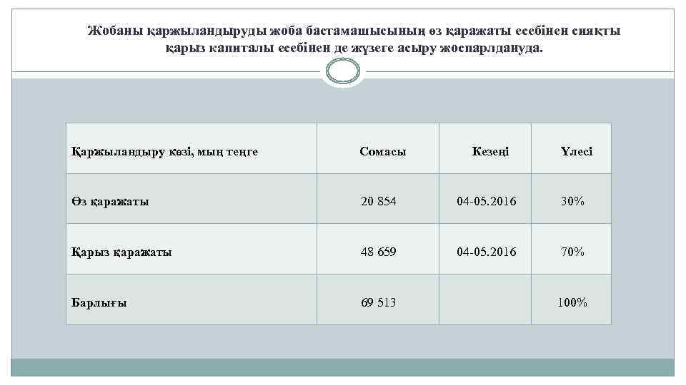 Жобаны қаржыландыруды жоба бастамашысының өз қаражаты есебінен сияқты қарыз капиталы есебінен де жүзеге асыру