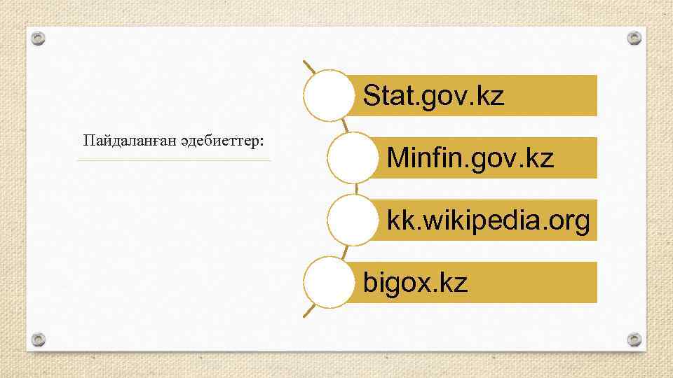 Stat. gov. kz Пайдаланған әдебиеттер: Minfin. gov. kz kk. wikipedia. org bigox. kz 