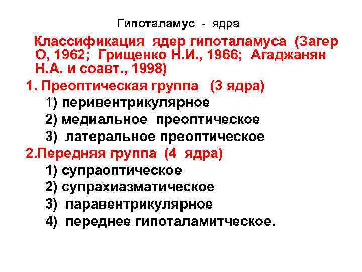 Гипоталамус - ядра Классификация ядер гипоталамуса (Загер О, 1962; Грищенко Н. И. , 1966;