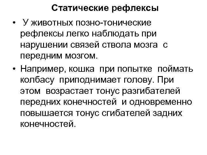 Статические рефлексы • У животных позно тонические рефлексы легко наблюдать при нарушении связей ствола