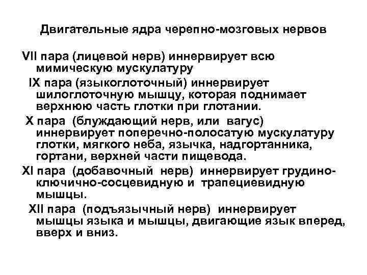 Двигательные ядра черепно-мозговых нервов VII пара (лицевой нерв) иннервирует всю мимическую мускулатуру IX пара