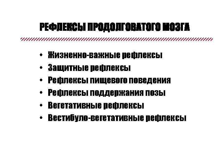 РЕФЛЕКСЫ ПРОДОЛГОВАТОГО МОЗГА • • • Жизненно-важные рефлексы Защитные рефлексы Рефлексы пищевого поведения Рефлексы