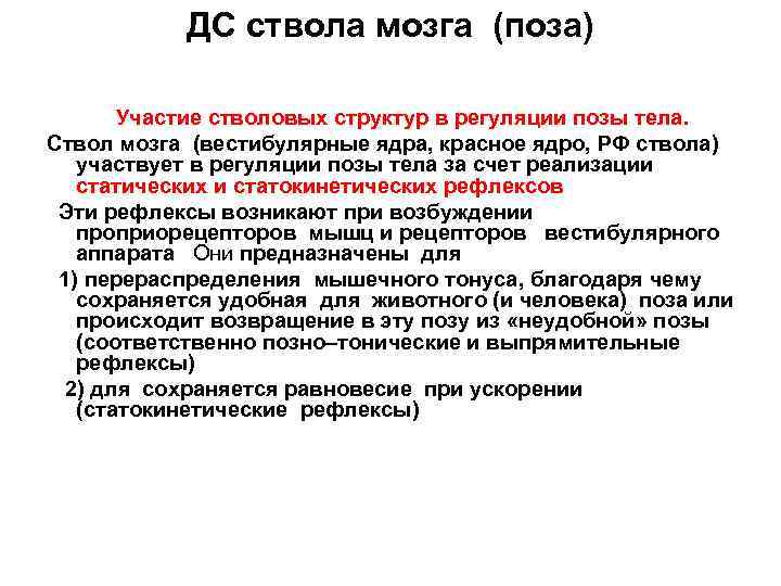 ДС ствола мозга (поза) Участие стволовых структур в регуляции позы тела. Ствол мозга (вестибулярные