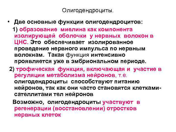 Олигодендроциты. • Две основные функции олигодендроцитов: 1) образование миелина как компонента изолирующей оболочки у