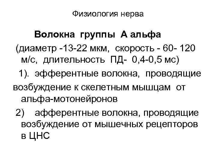 Физиология нерва Волокна группы А альфа (диаметр -13 -22 мкм, скорость - 60 -