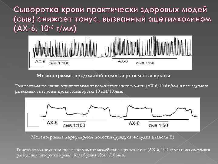 Сыворотка крови практически здоровых людей (сыв) снижает тонус, вызванный ацетилхолином (АХ 6, 10 6