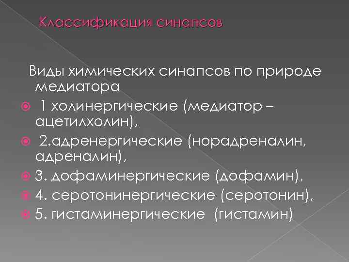 Классификация синапсов Виды химических синапсов по природе медиатора 1 холинергические (медиатор – ацетилхолин), 2.