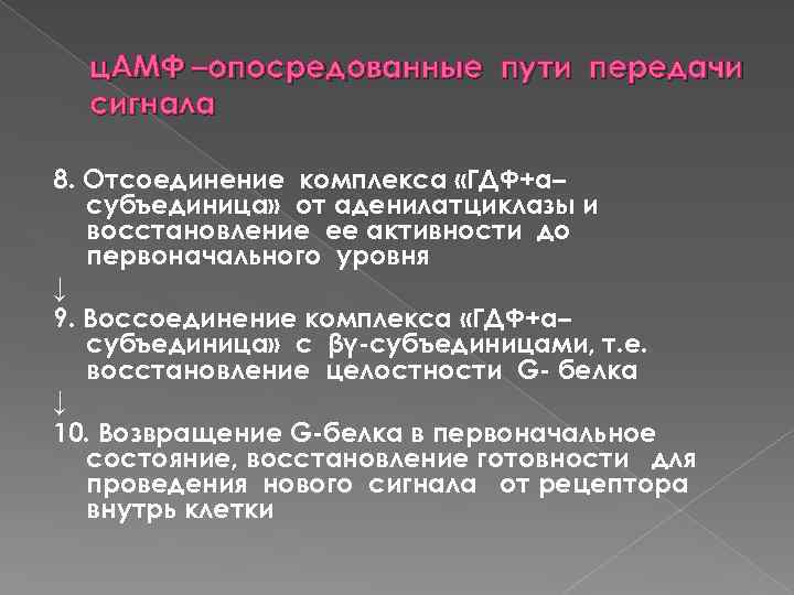 ц. АМФ –опосредованные пути передачи сигнала 8. Отсоединение комплекса «ГДФ+α– субъединица» от аденилатциклазы и