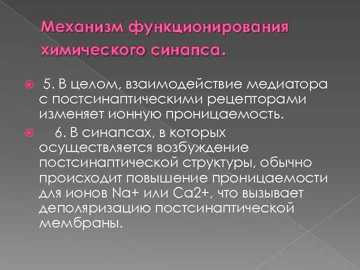 Механизм функционирования химического синапса. 5. В целом, взаимодействие медиатора с постсинаптическими рецепторами изменяет ионную