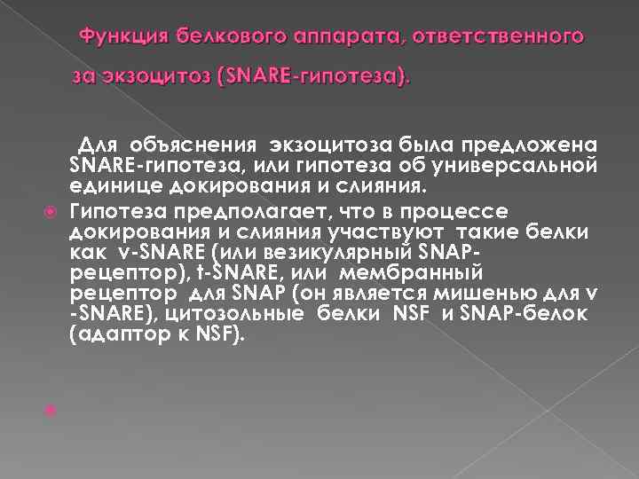 Функция белкового аппарата, ответственного за экзоцитоз (SNARE гипотеза). Для объяснения экзоцитоза была предложена SNARE