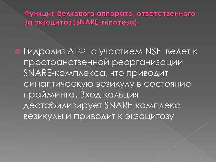 Функция белкового аппарата, ответственного за экзоцитоз (SNARE гипотеза). Гидролиз АТФ с участием NSF ведет