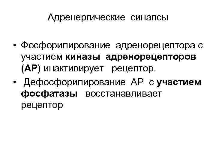 Адренергические синапсы • Фосфорилирование адренорецептора с участием киназы адренорецепторов (АР) инактивирует рецептор. • Дефосфорилирование