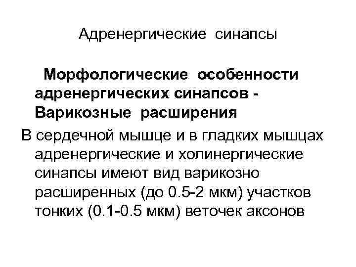 Адренергические синапсы Морфологические особенности адренергических синапсов Варикозные расширения В сердечной мышце и в гладких